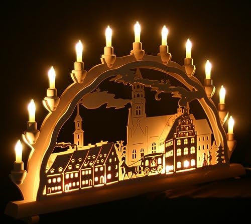 Schlick & Türk Schwibbogen Zwickau - Stadtmotiv - 68cm, 11 Kerzen + Vorbeleuchtung - Feine Handarbeit aus dem Erzgebirge - Weihnachten erzgebirgischer Lichterbogen