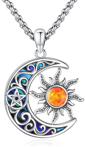 Eusense Sonne Mond Halskette 925 Sterling Silber Abalone Muschel und Orange Feuer Opal Sonne Anhänger Mond Halskette Kette Schmuck Geschenk für Damen Frauen Mädchen