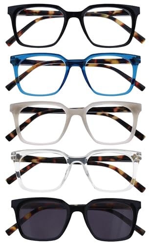 OPULIZE KOI Lesebrille & Sonnenleser 5er Pack - Rechteckiges Gestell - Schwarz-Blau-Grau-Klar-Schwarz - Damen Herren - Federscharniere - RRRR50-57CQ - +1.00