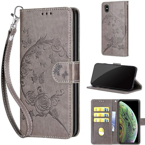 TOMYOU Handyhülle für iPhone X/XS Hülle, Grau | Stoßfeste Flip Schutzhülle, Kartenfächer, Standfunktion,Magnetisch, Kunstleder, Klappbar Brieftasche
