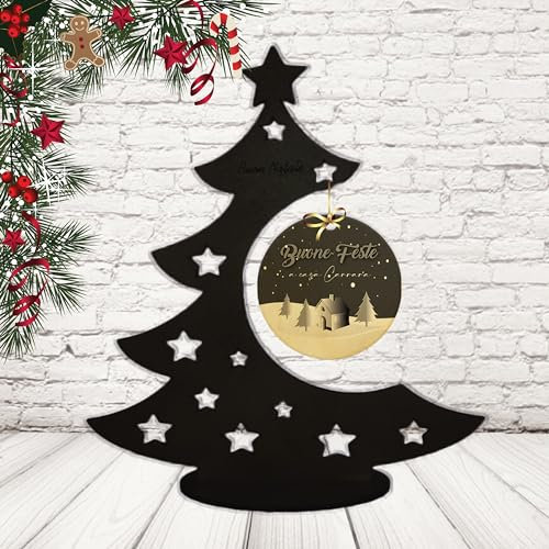 Alberello Nero Mini Albero di Natale Piccolo, Ornamenti da Tavolo in Legno Betulla, Decorazioni Natalizie con Pallina Personalizzata con cognome o nomi famiglia ''Neve alla porta''