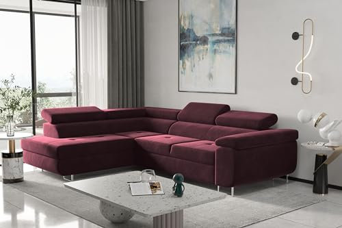 Kaiser Möbel, Ecksofa mit schlaffunktion, mit Bettkasten, Schlafsofa Atom Lux, Designer Sofa, Modern Design Couch, Polsterecke, Freistehend, Stoff Monolith Klasse A, Rotwein Links