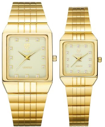 JewelryWe Paar Uhren Edelstahl Rechteckig: 30 wasserdichte Analog Quarz Pärchen Armbanduhr Herren Damen Gold Edelstahl Armband Partner Freundschaft Uhr mit Weiß Strass Rechteck Zifferblatt