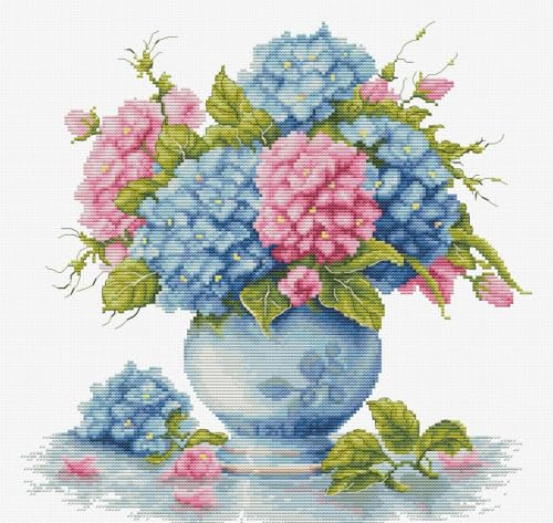 Luca-S Cross Stitch Kit Vase with Hydrangea, B7033, Counted Cross Stitch Kit for Adults, Needlecraft and Embroidery Kit
