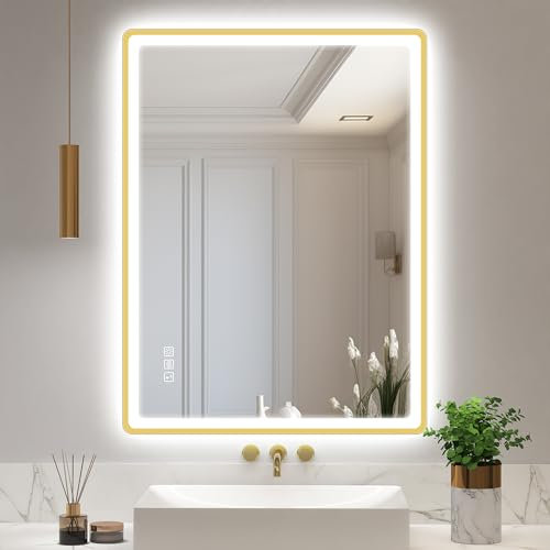 STARLEAD 80x60cm Golden LED-Badspiegel-mit-Beleuchtung und Bluetooth, Entfoggen, Dimmbar, 3 Lichtfarben, HD Gehärtetes Glas, IP44 Wasserdicht, Horizontal/Vertikal