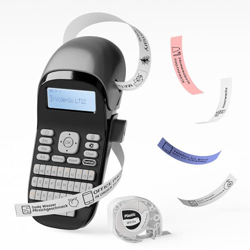 VolenGo Etikettendrucker, LT12 Label Printer, Beschriftungsgerät Handgerät wiederaufladbare, Bluetooth Etikettiergerät mit Qwertz Tastatur, für Etiketten in 6-12mm Breite, Grau