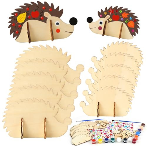 12 PCS Igel Holz Bastelset, Holz Igel zum Bemalen, Igel Bastelsets für Kinder, Herbst Bastelset Kinder, Holz Bemalen Kinder, DIY Holzbastelsets für Jungen Mädchen
