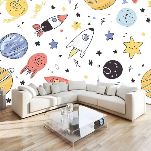Fototapete Handgezeichnetes Doodle-Raumschiff Planetenmuster Vlies Tapeten 200x140 cm 3D Effekt Moderne Wandtapete Wohnzimmer Schlafzimmer Wandbilder Wand