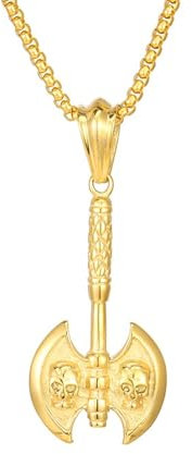 Hao Wu Xuan necklace Vintage Creative Double Axe Skull synthesis Not fading Hatchet Pendant Necklace for Men Punk popular Silver/gold Color Cuban Chain