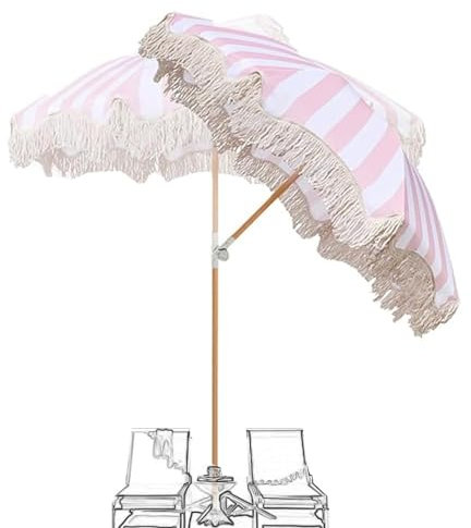Parasol de plage rayé rose blanc avec pompons pour terrasse, piscine, jardin inclinable à 180° - 2 m