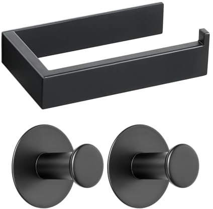 SAYAYO Porta Carta Igienica Adesivo, 3 Pezzi Set Bagno Accessori Nero, Portarotolo Carta Igienica Nero Porta Rotolo Carta da Muro, 2 Ganci Accappatoio Ganci Adesivi Senza Foratura, in Acciaio Inox