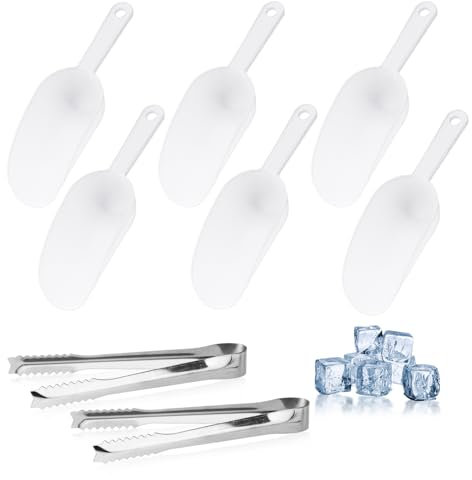 6pcs Ice Scoop and 2 Ice Tongs, Plastic Scoops for Food Candy Scoop, Multi-Purpose Kitchen Scoop for Rice Grain Ice Cream Dog Food Pet Food Sugar Coffee Beans Melon Seeds Food Shovel