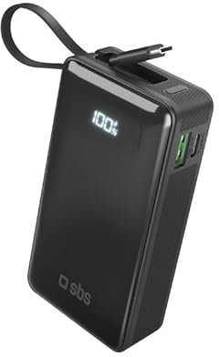 SBS PowerBank 10K Fast LCD, 10.000 mAh Power Delivery, 22,5 W Schnellladung, Adaptive Fast Charge (AFC), LCD-Display, USB-C, USB-A, USB-C Lanyard, Ladegerät für iPhone, Samsung, Tablet, Smartphone
