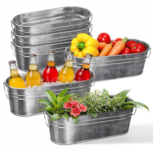 Plexon Small Galvanized Tub with Handles, 12 inch Oval Planter for Plants Decor Wedding, Multiuse Metal Tub Champagne Bucket (6)