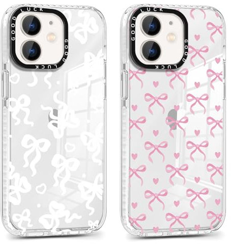 Yirlbey 2 Stück für iPhone 12 Mini 5,4'' Hülle, Transparent Handyhülle mit Schleifen Fliege und Herz Aesthetic Muster Motiv Design Mädchen Case, Durchsichtig Dünn TPU Bunt Silikon Stoßfest Cover