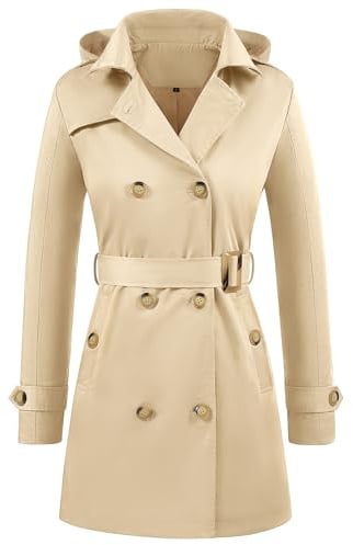 Yuson Girl Trench Coat Femme Double Boutonnage Manteau Classique Coupe Vent Trench Femme Capuche Impermeable Légère Parka mi Saison Casual Vestes Printemps Automne avec Ceinture(Kaki, S)