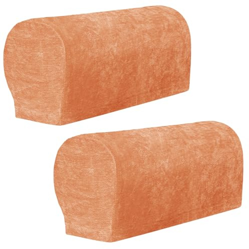 XIEHUZA 1 Pair Chenille Stretch Armrest Covers, Skin-Friendly Arm Covers Protectors for Sofa Couch Chairs Recliner, Non-Slip Armchair Slipcovers with Twist Pins (Orange)