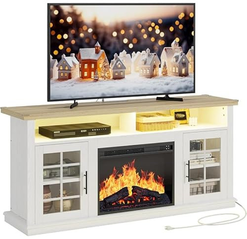 Cenz-888 Mobile TV con Camino Porta TV for caminetto con Presa di Corrente e Centro di intrattenimento con Luce LED, Ripiani Aperti for TV Fino a 65 Pollici Camino Elettrico