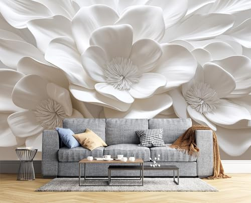JSCWDET Papier Peint Motif En Relief Soie, Ivoire Poster Geant Mural 3D Pour Salon Chambre Décoration Murale,Fleurs Blanches,350×256 Cm (W×H)