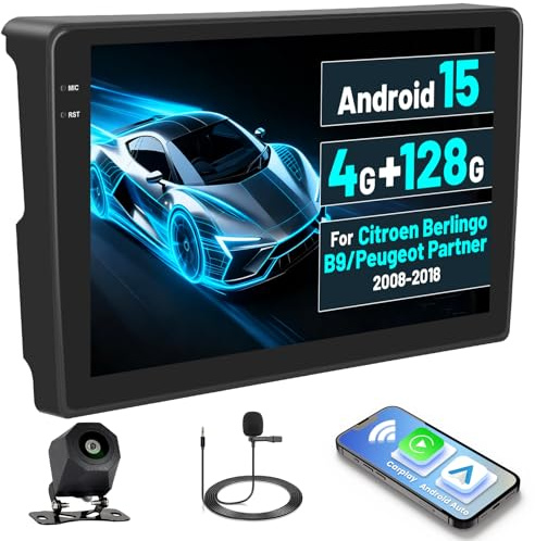 Inefala 4G+128G Autoradio Android 15 para Citroen Berlingo Peugeot Partner | También para 2008-2018, Pantalla Táctil de 9, Wireless CarPlay, Android Auto, GPS, WiFi, BT, RDS, Cámara Trasera, MIC