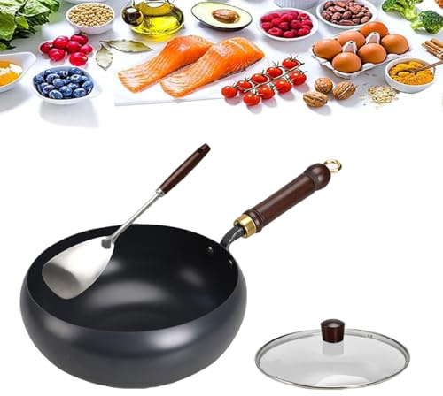 Yowikuw Unbeschichtete Eisenpanne,Eisen Wok, 24cm Hand-Schmiede Antikleber | Eisen Pfanne ohne Beschichtung, langlebig und rostfrei für Herd Gas Rühren Bratpannen Runde Boden mit Glasdeckel (glatt)