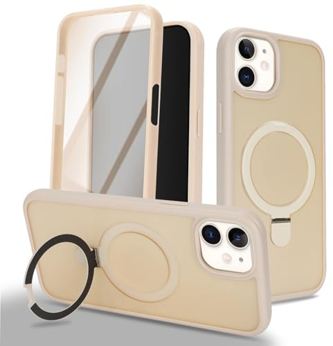 Zouzt Matte for iPhone 11 Case 6.1 Screen Protector, Beige | With Stand, 360 Full Body, Translucent Matte, Military Grade Drop Proof, Shockproof Protective, Anti-Fingerprint Phone Case