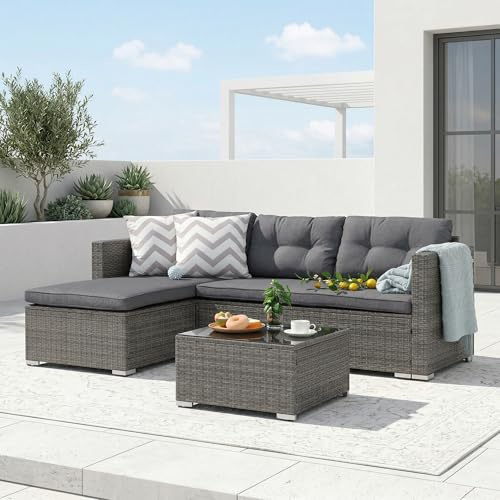 OC Orange-Casual 3-TLG Gartenlounge Set, Gartensofa Set mit Couchtisch, Outdoor Sitzgruppe für 3-4 Personen, Wetterfest&Stabil,Sitzecke für Garten, Terrasse, Hinterhof, Grau Rattan&Grau Kissen
