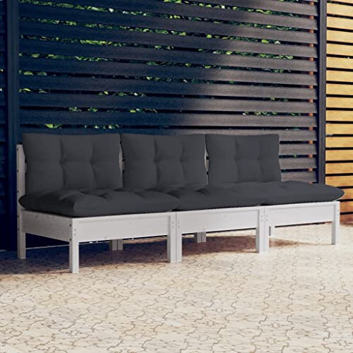 Xhnifnb 3-Sitzer Gartensofa aus massiver Kiefer Weiß mit anthrazit Outdoor Polster Modernes modular Sitzgruppe für Balkon Terrasse und kleine Grünflächen