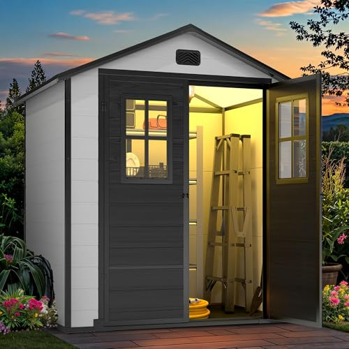 YITAHOME Klein Gartenhaus Kunststoff 183x135x208,Fahrradgarage,Grau Schwarz | Gerätehaus mit Boden|abschliessbar|UV-bestaendig|Wetterfest|Schrägdach|Garten Werkzeug Aufbewahrung|Gartenmöbel Unterstand