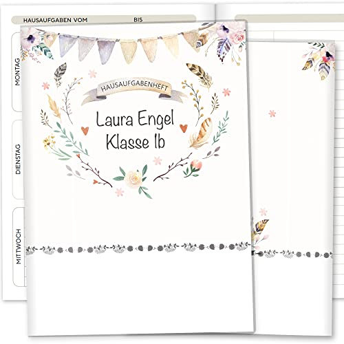 Olgs Hausaufgabenheft Hülle Boho Freunde inkl. Heft Schulheft Schutzhülle Umschlag Geschenkidee Einschulung personalisierbar mit Namen und die Schulklasse (personalisiert, ohne Motiv)