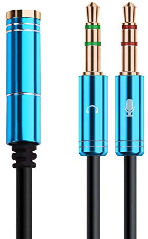 NANYI Headphone splitter Mic Cable, 3.5mm 4 Pin Female To 2x3.5mm 3 Pin Male Headphone converter head audio splitter Y Adapter cable (30cm / Blue)