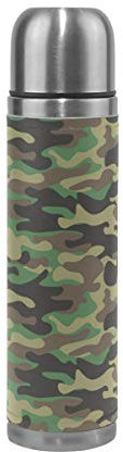 WowPrint Reisebecher, Camouflage, isolierte Edelstahl-Wasserflasche, auslaufsicher, doppelwandig, Thermoskanne aus echtem Leder, 500 ml