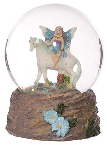 Glitzerkugel Elfe auf Einhorn, Blaue Blumen, Schneekugel Figur Schneekugeln Fee Fairy Märchen