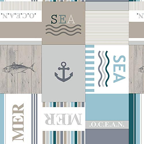 PVC Tischdecke Maritimo blau weiß Taupe Wachstuch • Breite & Länge wählbar • Fisch Sea Mer Maritim, Größe:90 x 90 cm