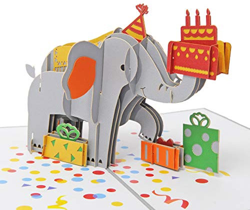 Favour Pop Up® - 3D Glückwunschkarte zum Geburtstag. Ein filigranes Kunstwerk, das sich beim Öffnen als Elefant mit Geschenken entfaltet. TB132