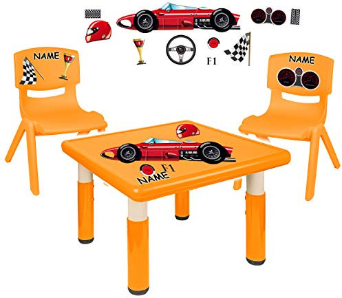 alles-meine.de GmbH Sitzgruppe für Kinder - Tisch + 2 Kinderstühle - Größen & Motiv & Farbwahl - Auto - Rennwagen/orange - inkl. Name - höhenverstellbar - 1 bis 8 Jahre - Plast..