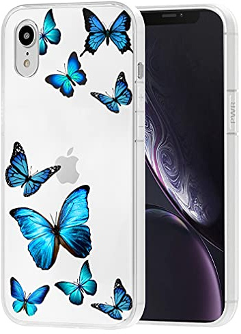 Vavies Schutzhülle für iPhone XR Case Schlankes stoßfestes Hülle mit transparentem Blumenmuster, weich-Flexibler TPU-Schutz Handyhülle für iPhone XR Blau-Schmetterling
