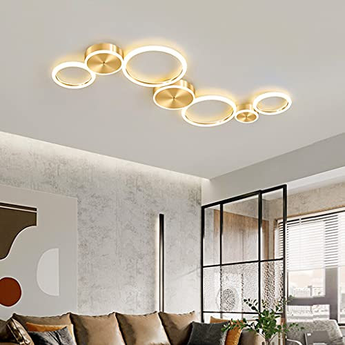 LED Deckenlampe Gold Wohnzimmer Deckenleuchte Schlafzimmer Esszimmer Büro Deckenbeleuchtung Modern Designer Leuchte Mit Rund Hardware Acryl Lampenschirm Deckenlicht,7 rings/78w …