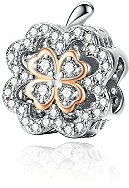 FeatherWish Rose Gold Lucky Four Leaf Clover Charm 925 Sterling Silver Irish Family Love Bead Charm Fits And Compatible With Pandora Bracelets Gift For Wife Birthday Friend Mum (Rose Gold Clover)