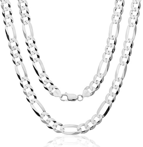 AKA Gioielli® - Chaîne Maille Figaro 9mm Argent Sterling 925 Massif - Collier Homme Femme Bijoux Argent longue 55 cm