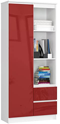 ADGO R11 Bücherregal mit Fächern Roter Glanz 80x180x35 cm Bücherschrank mit türen und Schubladen, Aufbewahrungsregal, Offenes Standregal, Büroregal, Ordnerregal Aktenregal(Versand in 3 Paks)