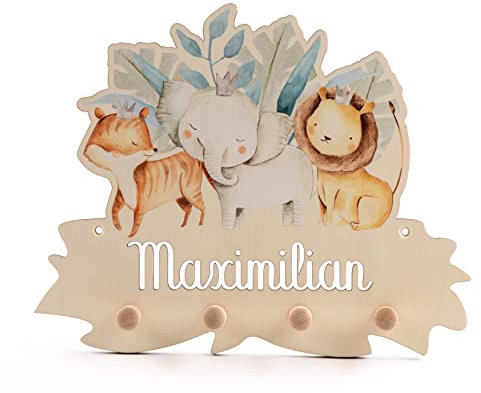 Personalisierte Kindergarderobe 'Dschungel' aus Birkenholz mit vier Kleiderhaken. Garderobe für Kinder mit Wunschnamen, Motiv Dschungeltiere, Löwe, Elefant und Tiger im Dschungel, ca. 35 x 28,5 cm