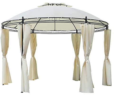 Outsunny Gazebo da Giardino Rotondo con Doppio Tettuccio, Cinghie a Strappo e Tende, in Acciaio e Poliestere, Ø3.5 x 3m, Bianco