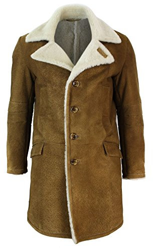 TruClothing.com Herren Lederjacke 100% Echtleder Schaffell Kamel 3/4 Länge Shearling Vintage Retro Design Schafsleder Jacke
