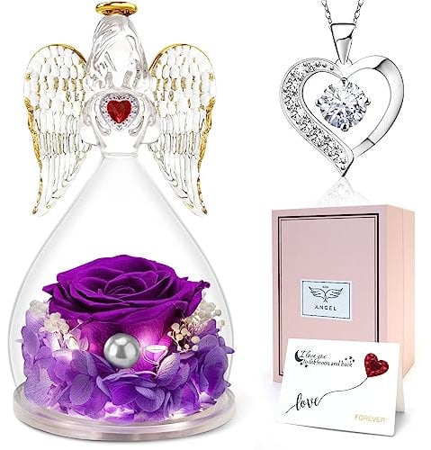Sunia Geschenk für Mama, Ewige Rose in Engel Glaskuppel mit LED-Licht, Ewige Blume Engel Figur mit Halskette, Bestes Ideen Valentinstagsgeschenk für Freundin Oma Weihnachten Muttertag