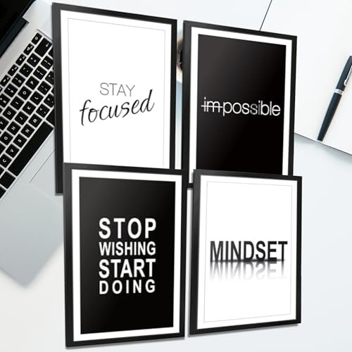 VON STEINEICH® Motivation Bilder Set [Schwarz Weiß] Moderne Wandbilder DIN A4 - Motivationsbilder für das Büro & Home Gym - Bilder mit Sprüchen für Hustlers Mindset - 4er Posterset ohne Bilderrahmen