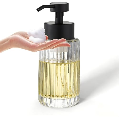 Easy Tang Schaumseifenspender aus Glas mit schwarzer Pumpe, 340 ml, Vintage-inspirierte, Moderne Glasflasche, nachfüllbar, für Badezimmer, Waschtisch, Arbeitsplatte und Küche