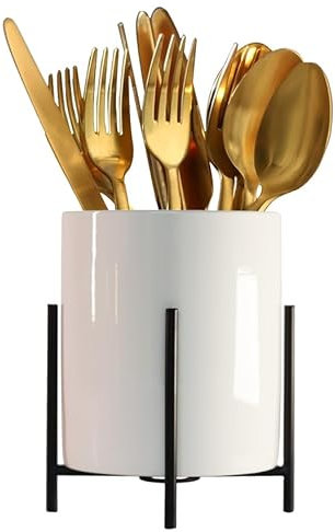 LOUIE SILNA Organizador Cubiertos Cocina en Encimera, Redondo Bote Porta Utensilios de Cocina de Ceramica para Cucharas Cuchillos Tenedores Palillos(en blanco y negro)