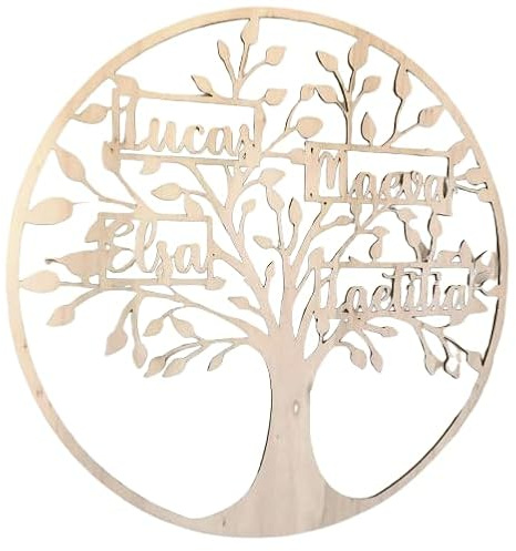 Arbre de vie décoration murale famille bois personnalisé (3 prénoms, Brut)