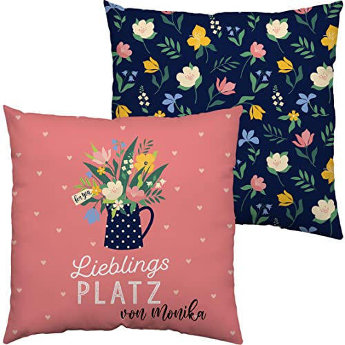 Kissen mit Spruch 'Lieblingsplatz' mit Name Bedruckt | Dekokissen 40x40 cm Geschenk Blumenmotiv | Zierkissen Kuschelkissen